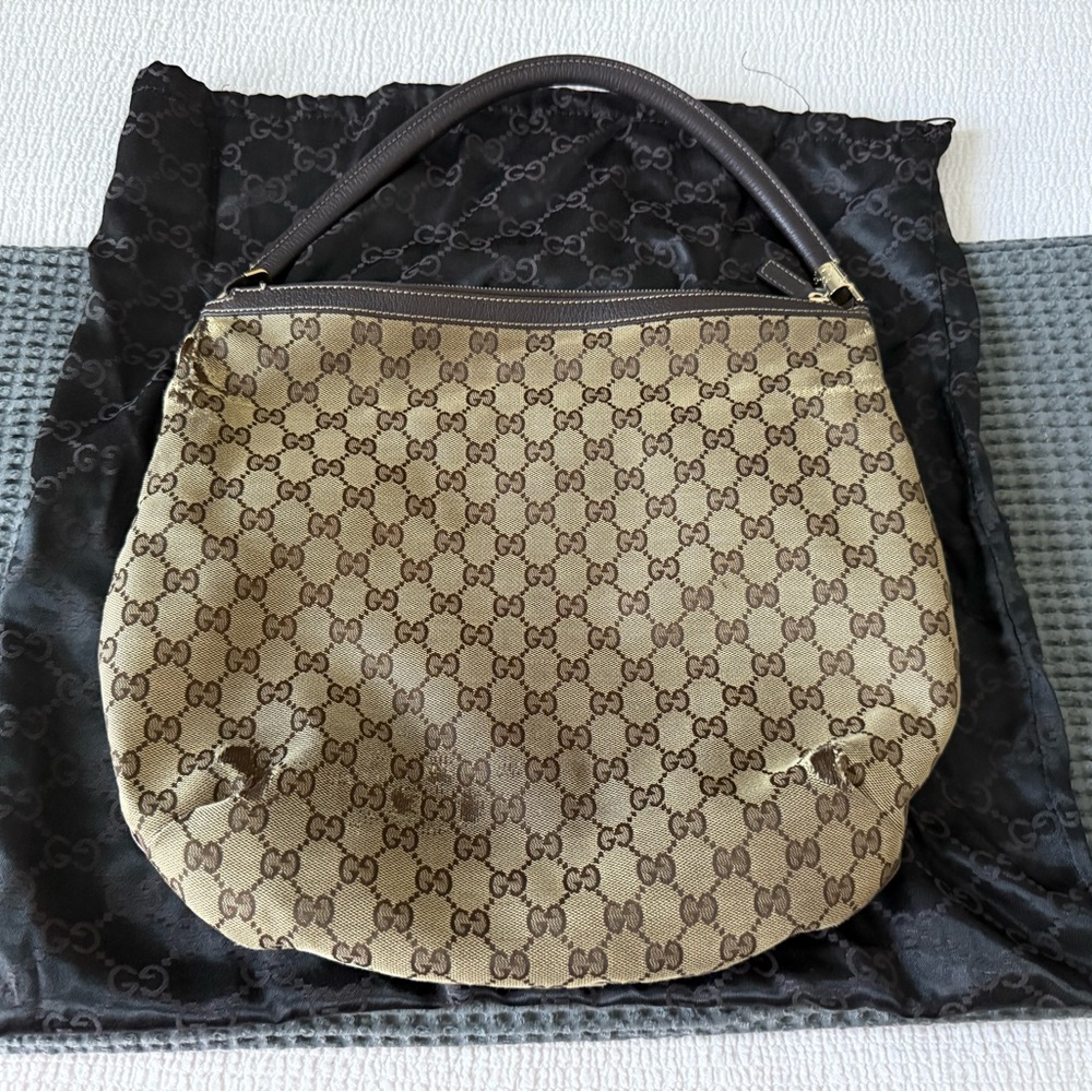 Gucci Brown Monogram Shoulder Bag with Leather Handle